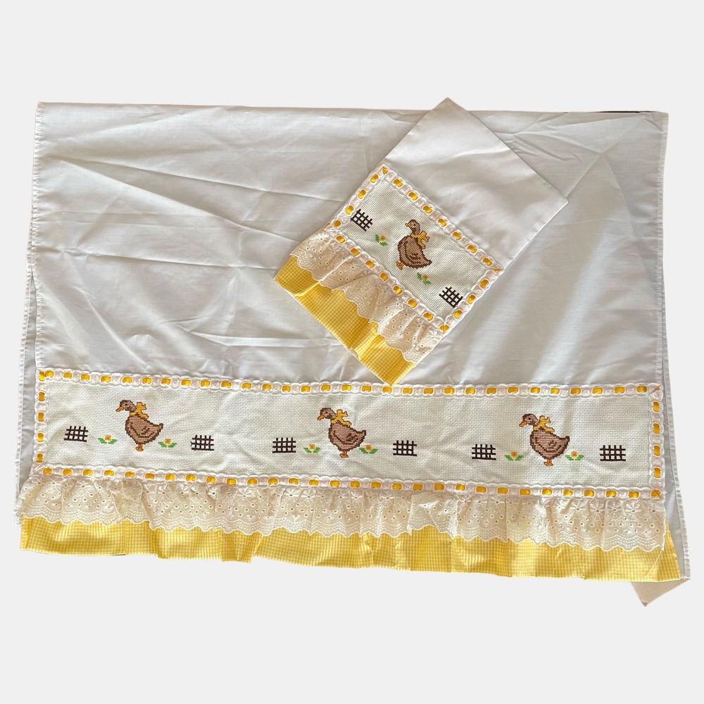 Vintage Handmade Cross Stitch Duck Goose Display Tablecloth Panel Yellow Gingham